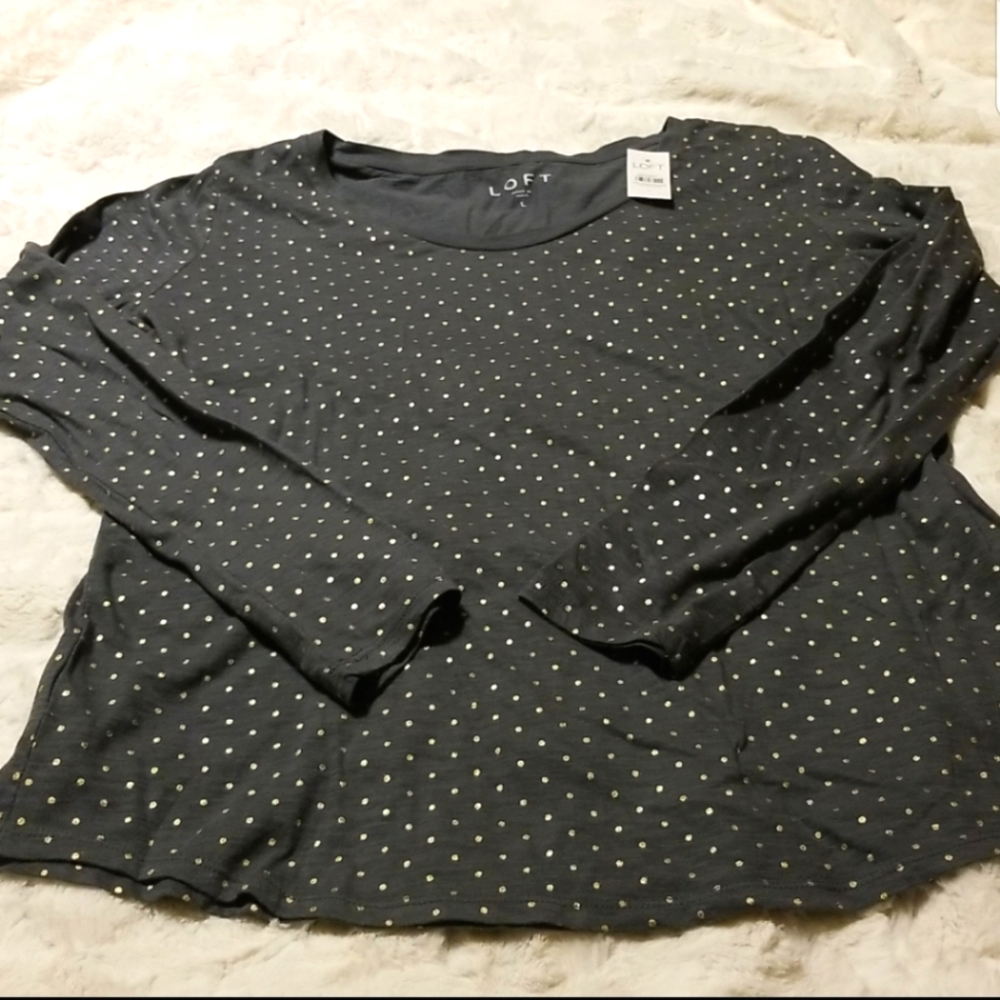 LOFT Green Polka Dot Top Stretch  Long Sleeve New